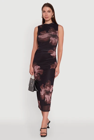 Womens Madden Girl Floral Mesh Mock Neck Ruched Side Midi Dress, Multi, Size M