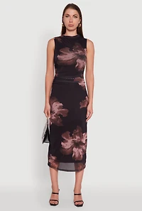 Womens Madden Girl Floral Mesh Mock Neck Ruched Side Midi Dress, Multi, Size M