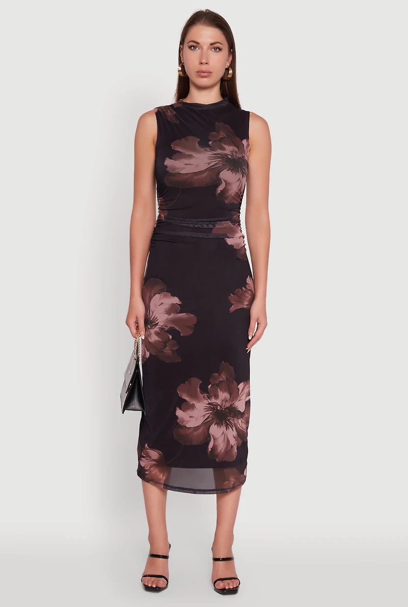 Womens Madden Girl Floral Mesh Mock Neck Ruched Side Midi Dress, Black, Size M