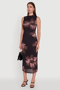 Womens Madden Girl Floral Mesh Mock Neck Ruched Side Midi Dress, Multi, Size M