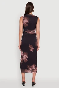 Womens Madden Girl Floral Mesh Mock Neck Ruched Side Midi Dress, Multi, Size M