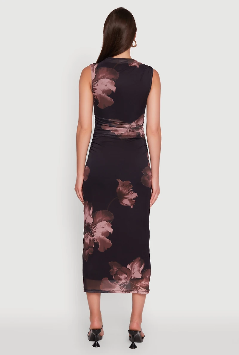Womens Madden Girl Floral Mesh Mock Neck Ruched Side Midi Dress, Black, Size M