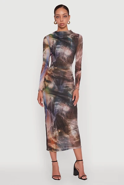 Womens Almost Famous Patterned Mesh Ruched Side Midi Dress, Multi,