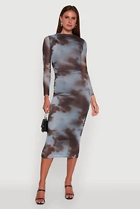 Womens Almost Famous Patterned Mesh Ruched Side Midi Dress, Multi, Size L