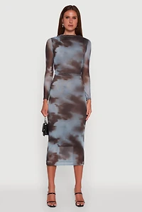 Womens Almost Famous Patterned Mesh Ruched Side Midi Dress, Multi, Size L
