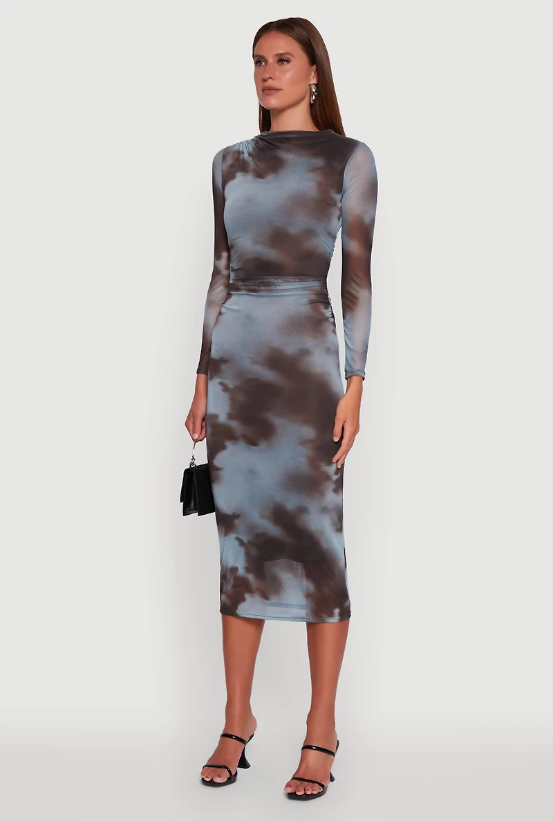 Womens Almost Famous Patterned Mesh Ruched Side Midi Dress, Multi, Size L