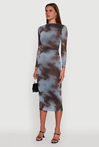 Womens Almost Famous Patterned Mesh Ruched Side Midi Dress, Multi, Size L