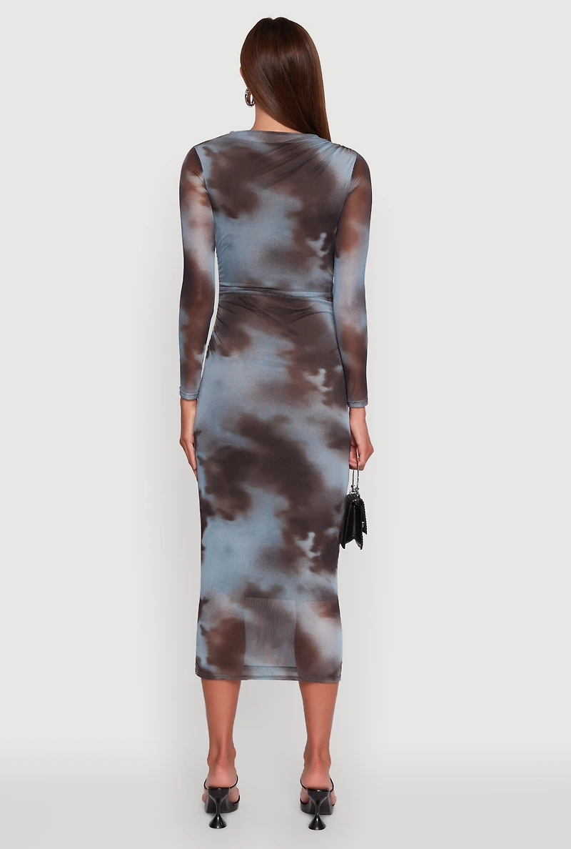 Womens Almost Famous Patterned Mesh Ruched Side Midi Dress, Multi, Size L