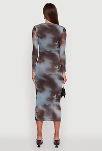 Womens Almost Famous Patterned Mesh Ruched Side Midi Dress, Multi, Size L