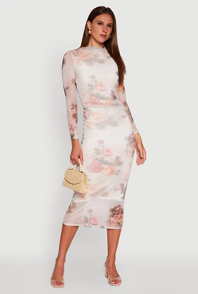 Womens Almost Famous Patterned Mesh Ruched Side Midi Dress, White, Size S