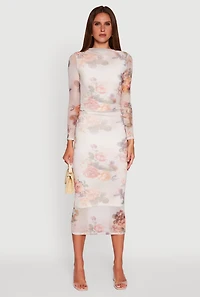 Womens Almost Famous Patterned Mesh Ruched Side Midi Dress, Multi, Size M