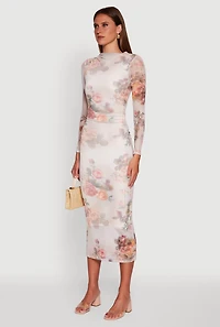 Womens Almost Famous Patterned Mesh Ruched Side Midi Dress, Multi, Size M