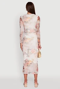 Womens Almost Famous Patterned Mesh Ruched Side Midi Dress, Multi, Size M