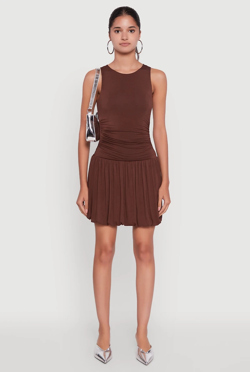 Womens Sleeveless Ruched Side Bubble Hem Dress,