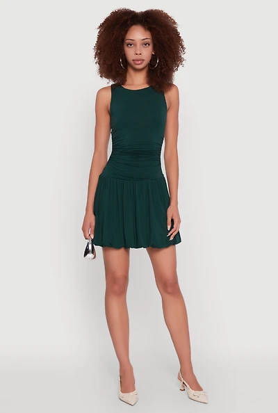 Womens Sleeveless Ruched Side Bubble Hem Dress, Green, Size M