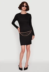 Womens Ribbed Knit Long Sleeve Mini Dress, Black, Size S