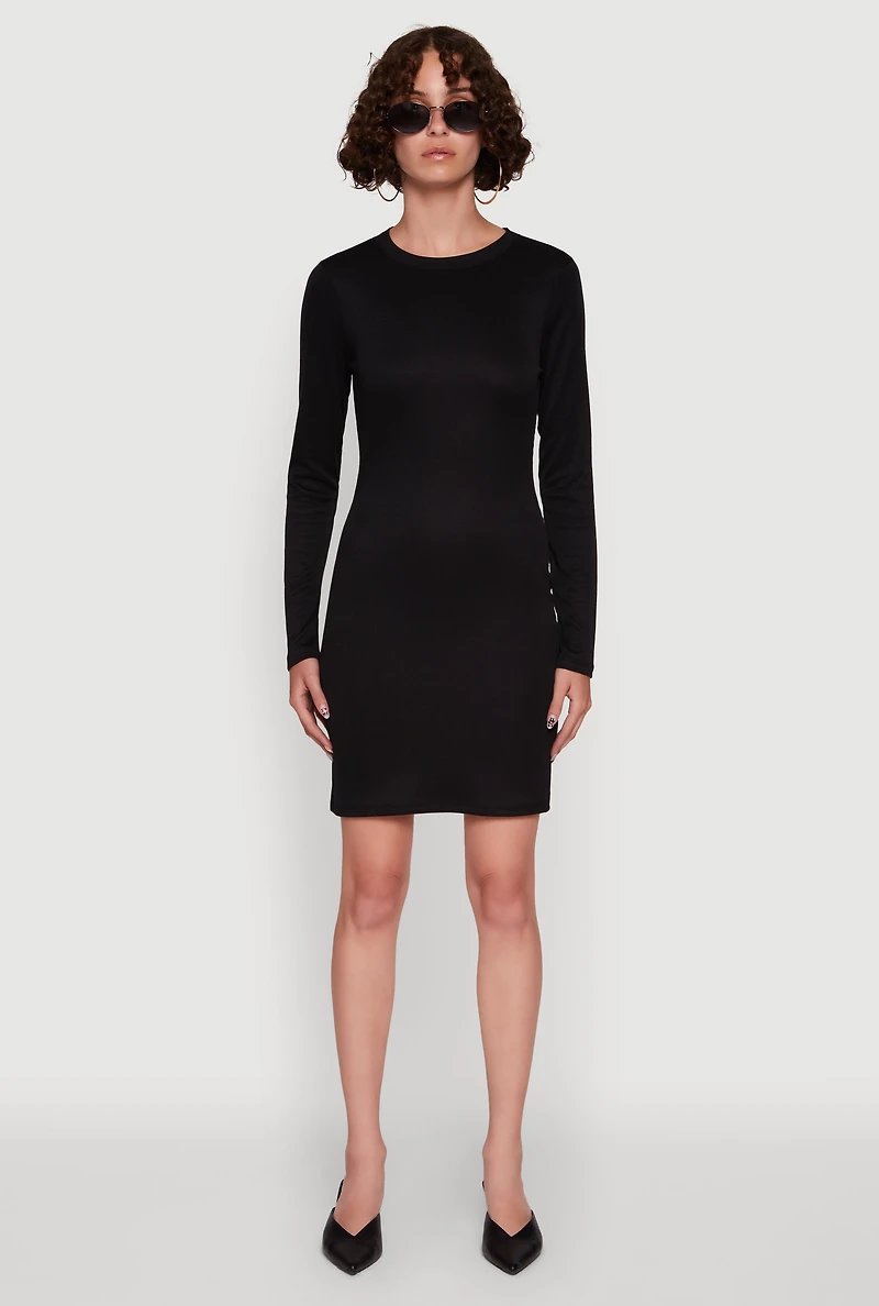 Womens Ribbed Knit Long Sleeve Mini Dress, Black, Size S