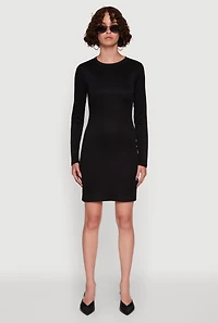 Womens Ribbed Knit Long Sleeve Mini Dress, Black, Size S