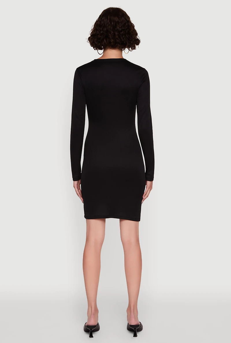 Womens Ribbed Knit Long Sleeve Mini Dress, Black, Size S