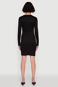 Womens Ribbed Knit Long Sleeve Mini Dress, Black, Size S