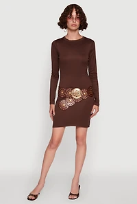 Womens Ribbed Knit Long Sleeve Mini Dress, Brown, Size L