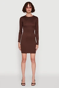 Womens Ribbed Knit Long Sleeve Mini Dress, Brown, Size L
