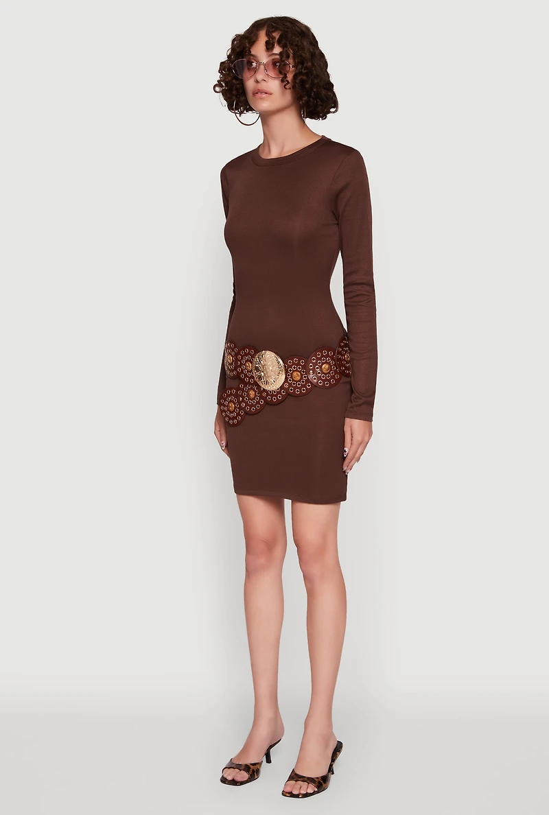 Womens Ribbed Knit Long Sleeve Mini Dress, Brown, Size L