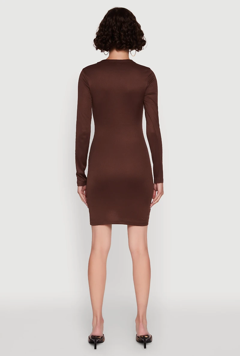 Womens Ribbed Knit Long Sleeve Mini Dress, Brown, Size L