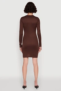 Womens Ribbed Knit Long Sleeve Mini Dress, Brown, Size L