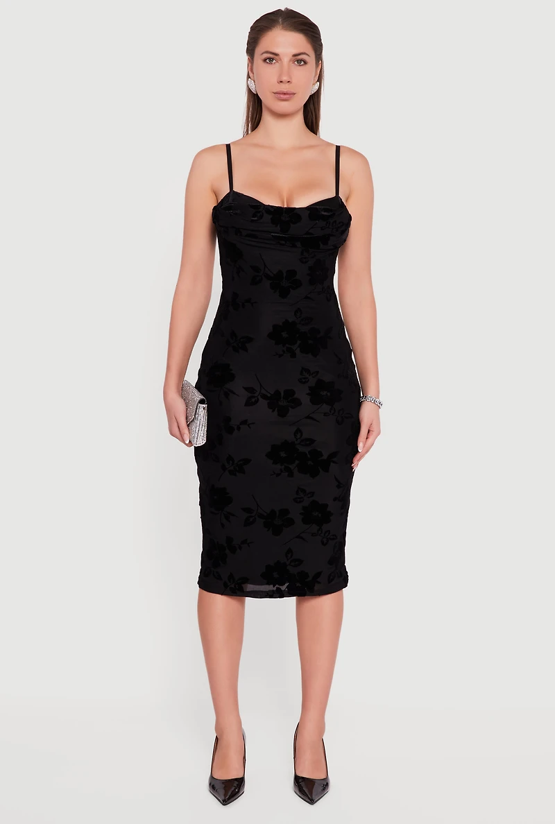 Floral Velvet Burnout Cowl Neck Midi Dress