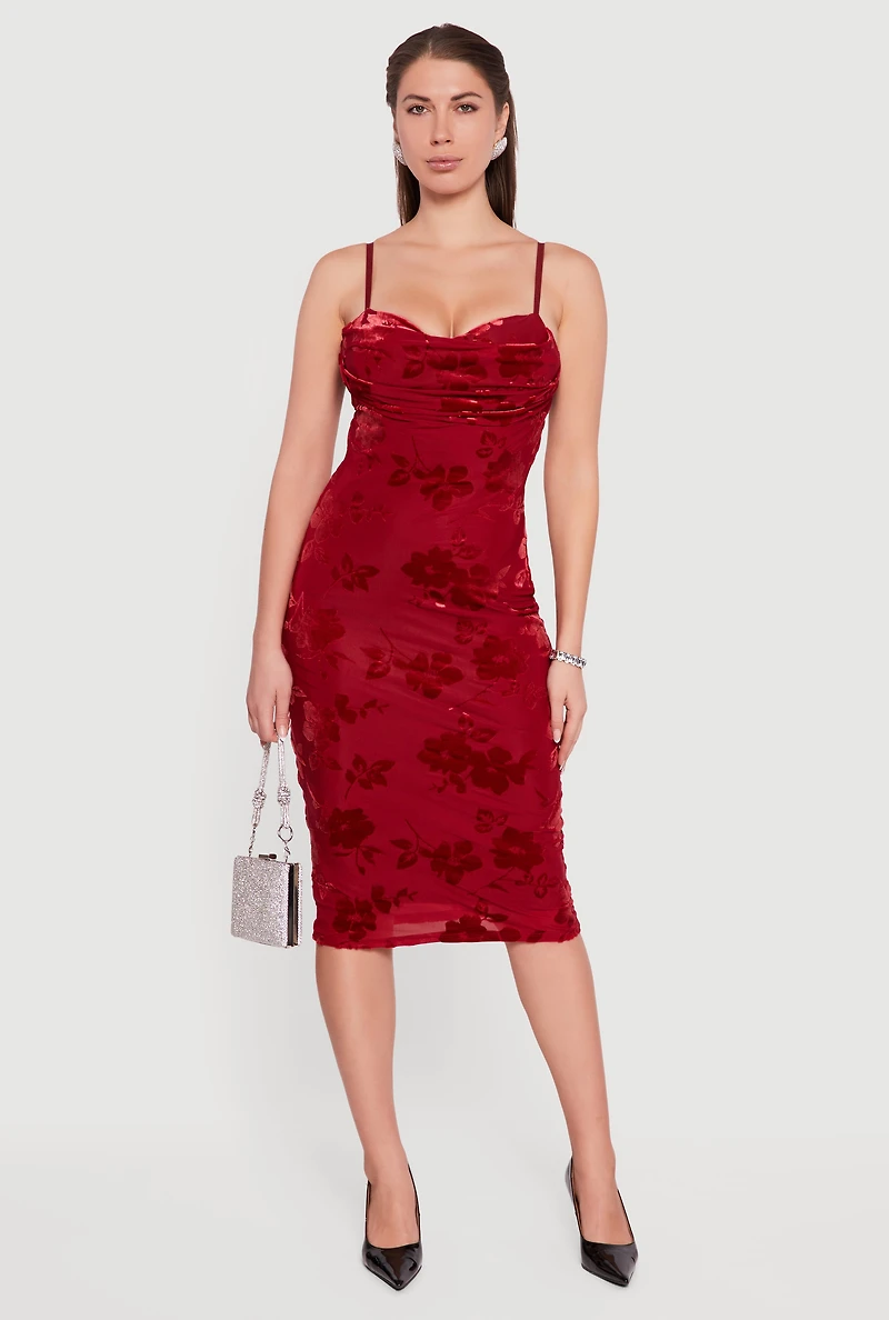 Floral Velvet Burnout Cowl Neck Midi Dress