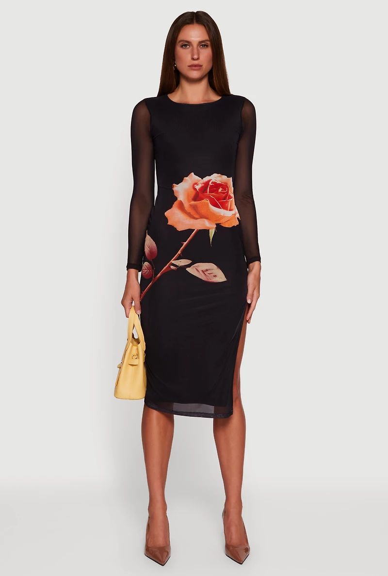 Womens Almost Famous Mesh Rose Print Side Slit Dress, Black, Size XL