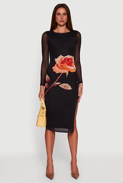 Womens Almost Famous Mesh Rose Print Side Slit Dress, Black, Size XL