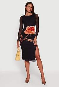 Womens Almost Famous Mesh Rose Print Side Slit Dress, Black, Size XL