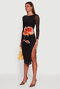 Womens Almost Famous Mesh Rose Print Side Slit Dress, Black, Size XL