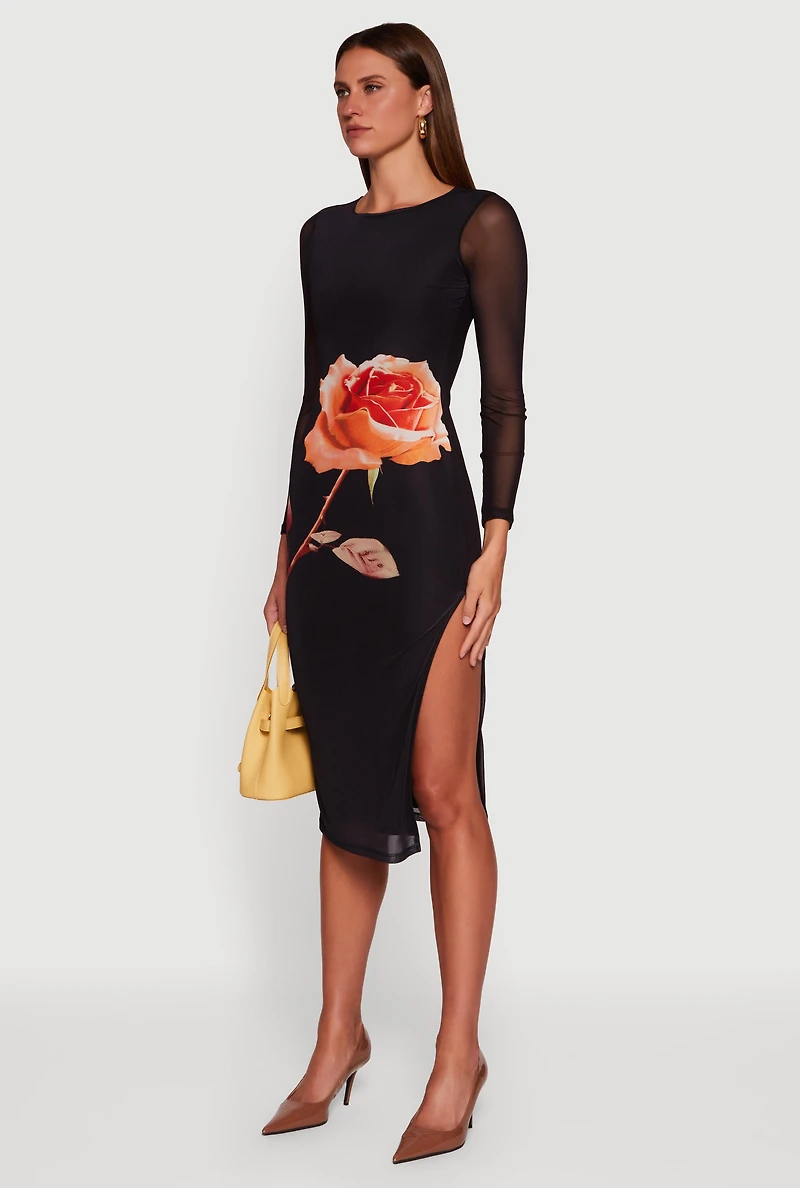 Womens Almost Famous Mesh Rose Print Side Slit Dress, Black, Size M