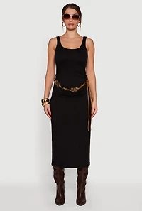 Womens Sleeveless Ruched Maxi Dress with Beaded Boho Belt,