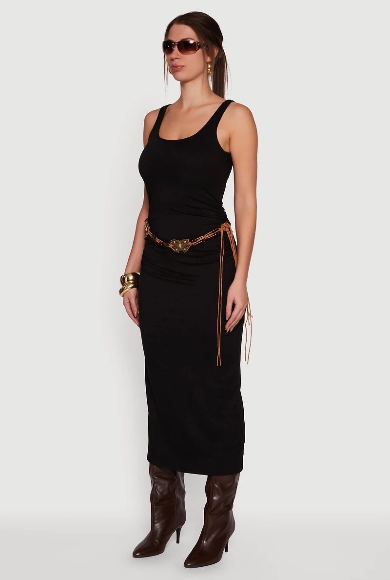 Sleeveless Ruched Maxi Dress with Beaded Boho Belt