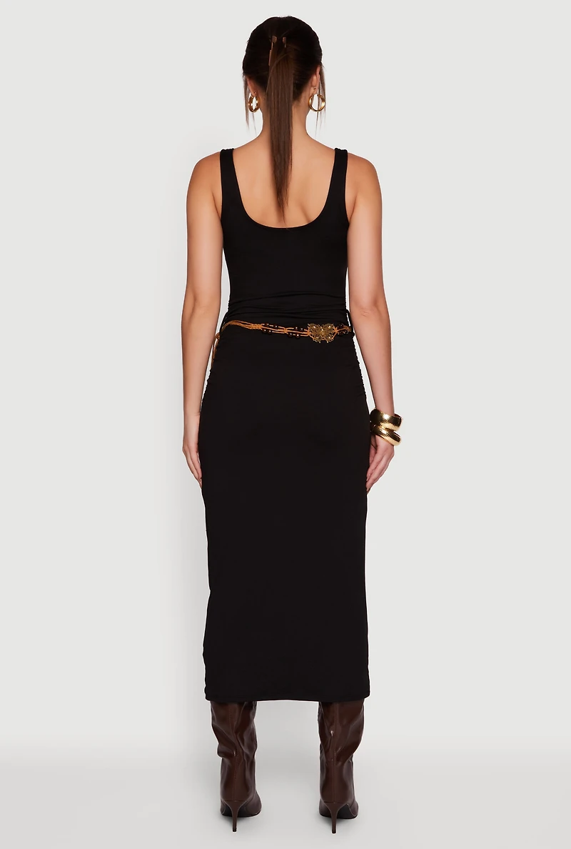 Sleeveless Ruched Maxi Dress with Beaded Boho Belt
