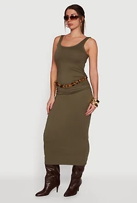 Womens Sleeveless Ruched Maxi Dress with Beaded Boho Belt, Green, Size S