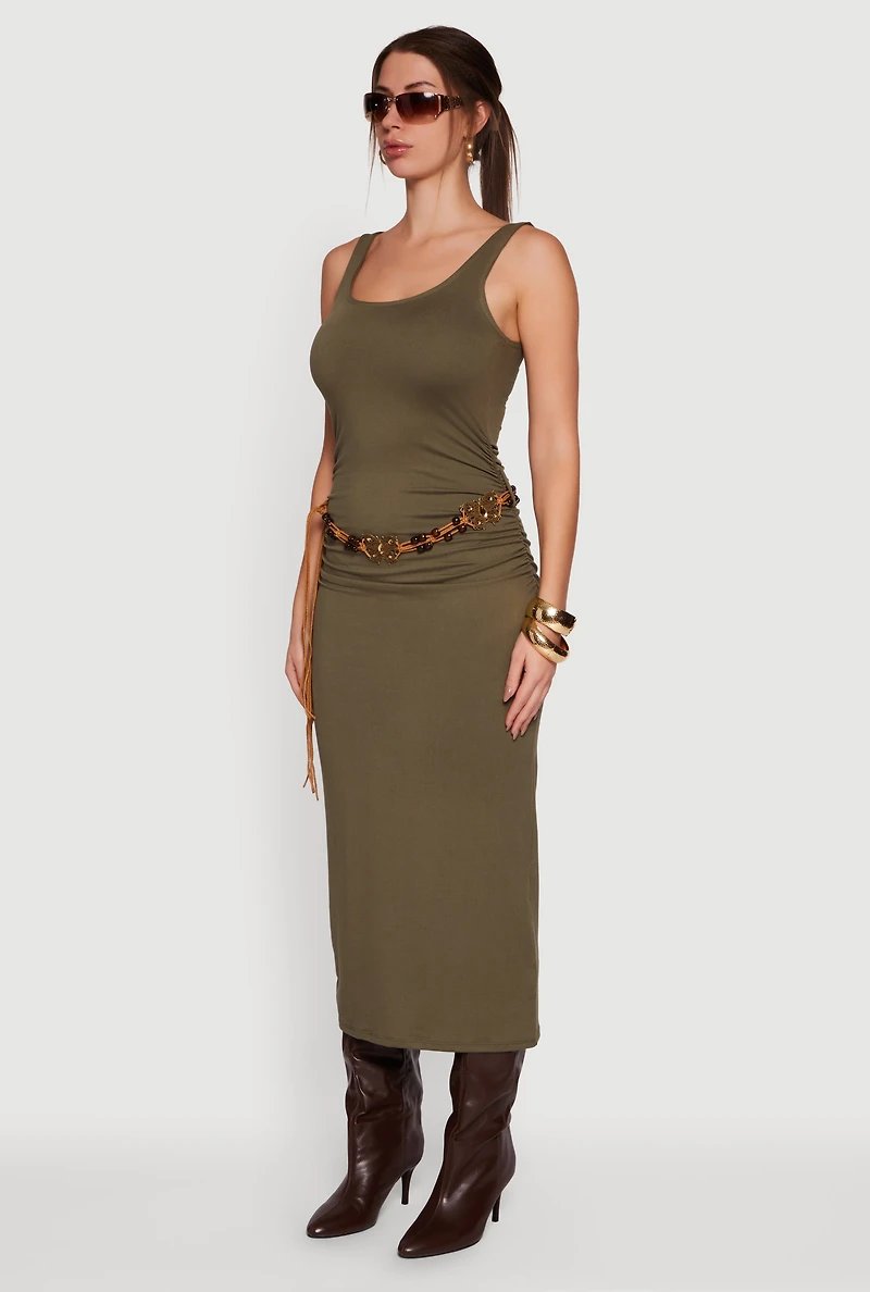 Womens Sleeveless Ruched Maxi Dress with Beaded Boho Belt, Green, Size S