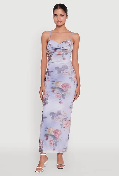 Womens Floral Mesh Padded Cup Sweetheart Bustier Dress, Blue, Size XL