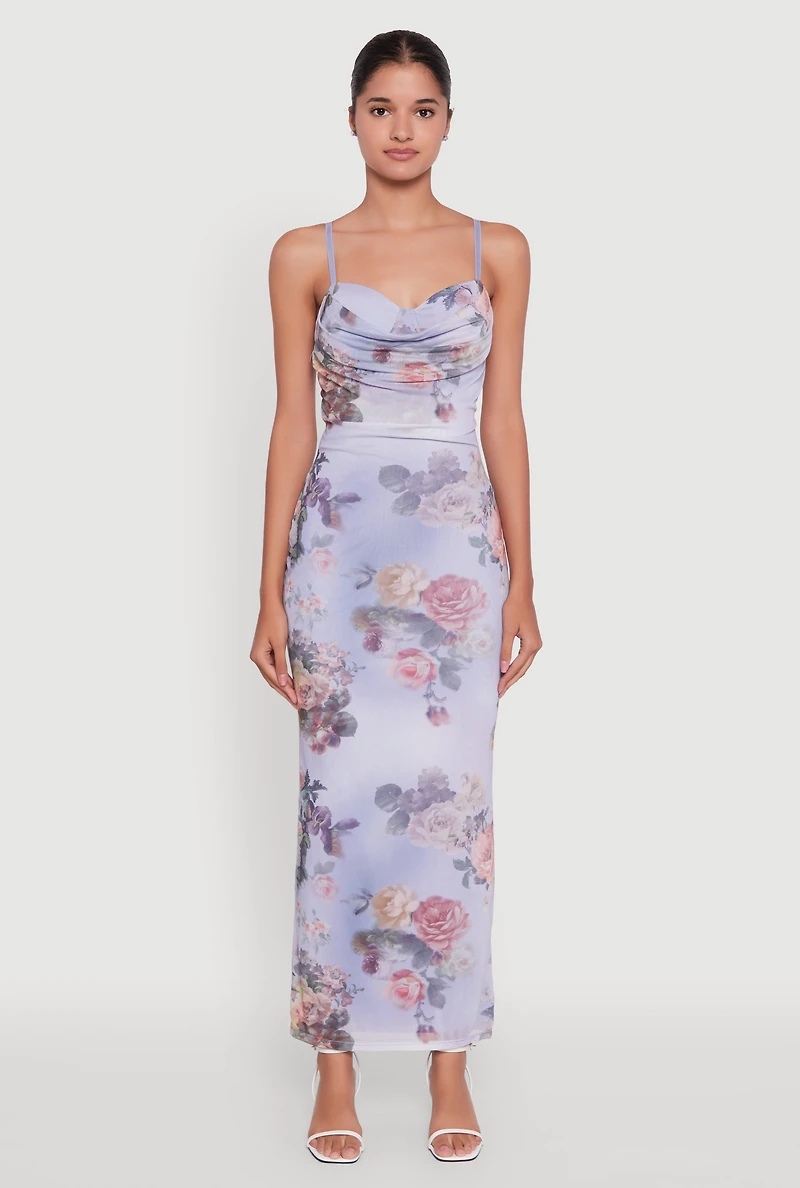 Womens Floral Mesh Padded Cup Sweetheart Bustier Dress, Blue, Size XL