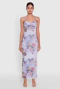 Womens Floral Mesh Padded Cup Sweetheart Bustier Dress, Blue, Size XL