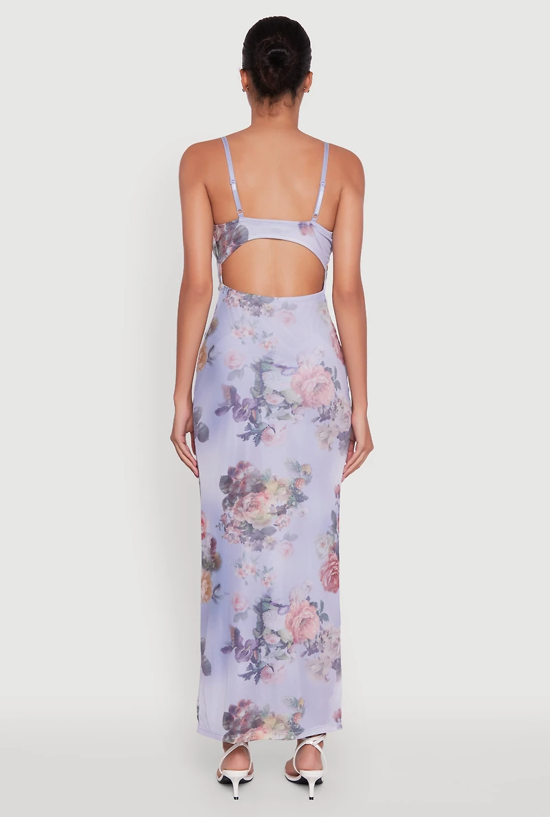 Womens Floral Mesh Padded Cup Sweetheart Bustier Dress, Blue, Size XL