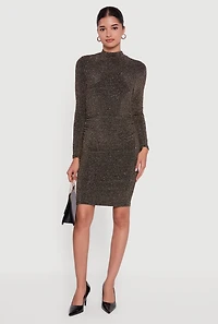 Womens Lurex Long Sleeve Side Ruched Dress with Rhinestones, Black, Size XL