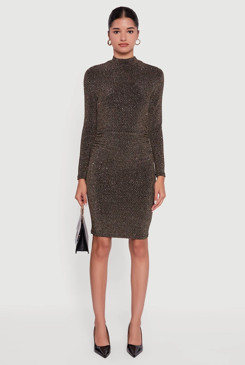 Womens Lurex Long Sleeve Side Ruched Dress with Rhinestones,