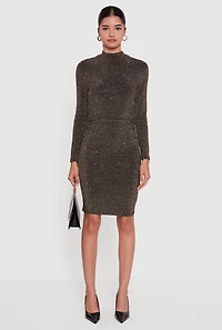 Lurex Long Sleeve Side Ruched Dress with Rhinestones