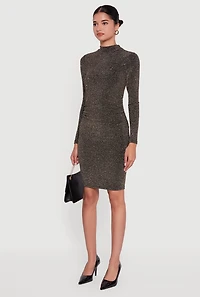 Womens Lurex Long Sleeve Side Ruched Dress with Rhinestones,