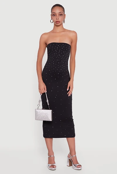 Womens Almost Famous Rhinestone Midi Tube Dress, Black,